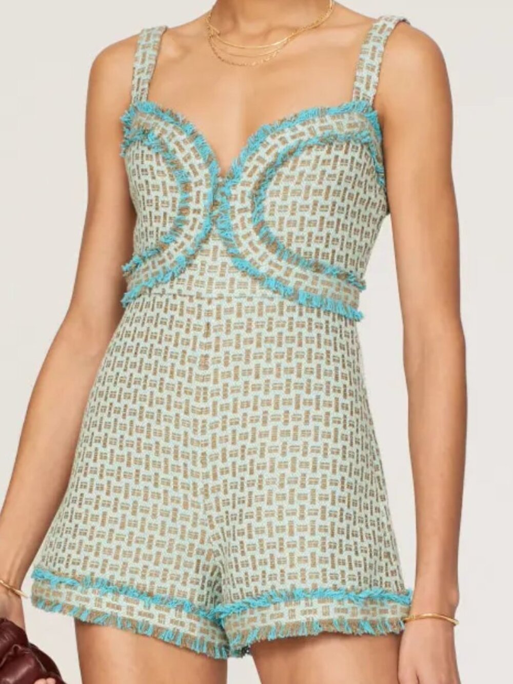ALEXIS Blaine Tweed Fringe Romper Turquoise Bronze Size S